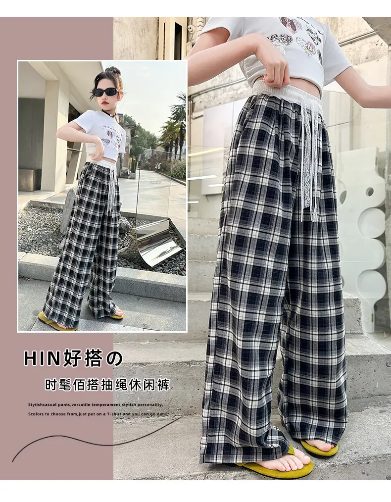 Girls Plaid Wide Leg Pants 2025 Summer Mid Large — feature 3