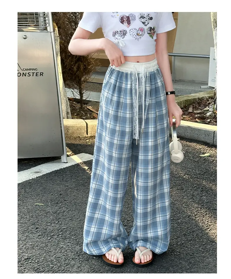 Girls Plaid Wide Leg Pants 2025 Summer Mid Large — feature 30