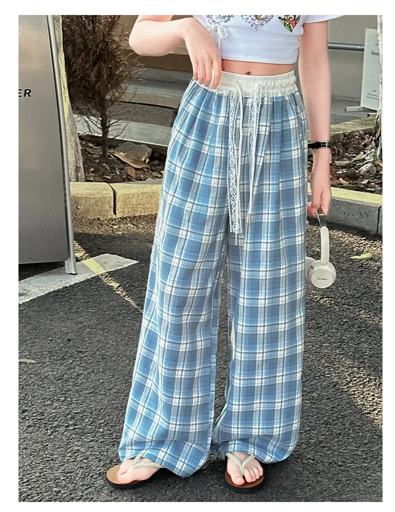 Girls Plaid Wide Leg Pants 2025 Summer Mid Large — feature 32