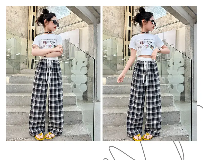 Girls Plaid Wide Leg Pants 2025 Summer Mid Large — feature 33