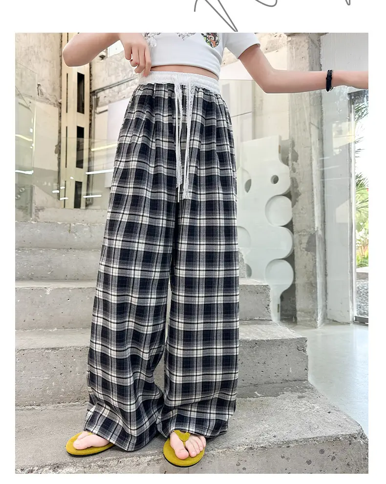 Girls Plaid Wide Leg Pants 2025 Summer Mid Large — feature 34