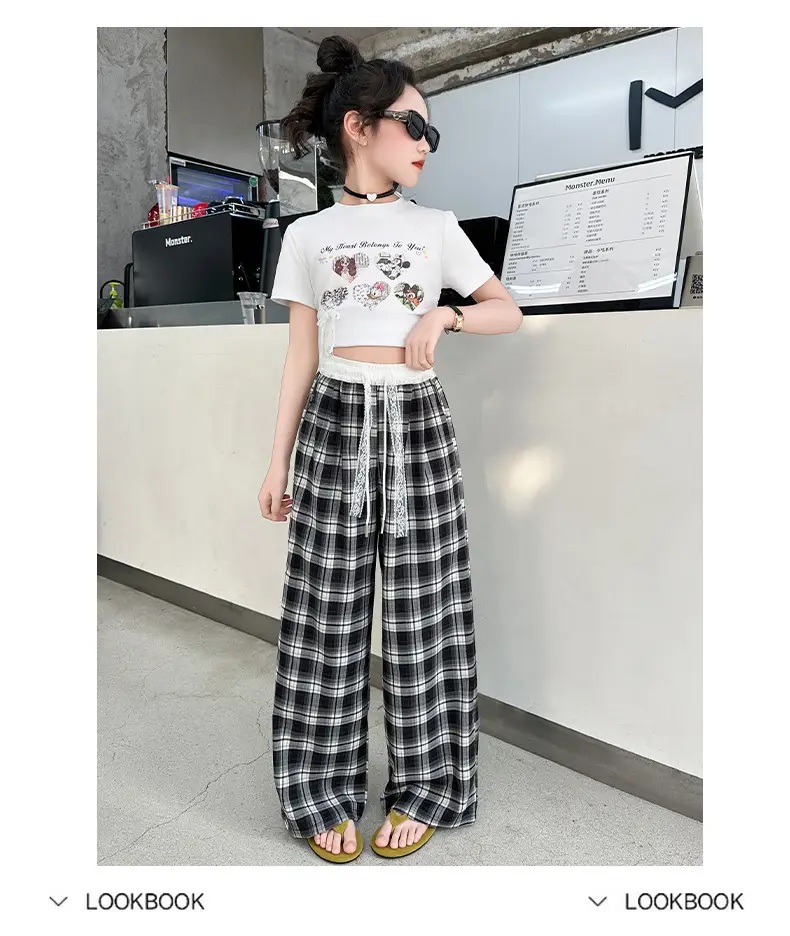 Girls Plaid Wide Leg Pants 2025 Summer Mid Large — feature 36