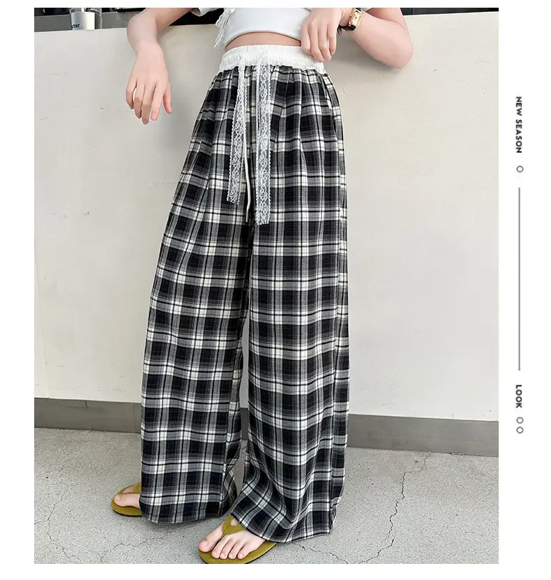 Girls Plaid Wide Leg Pants 2025 Summer Mid Large — feature 39
