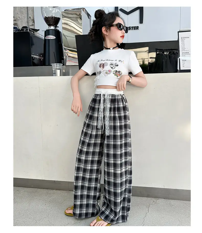 Girls Plaid Wide Leg Pants 2025 Summer Mid Large — feature 40