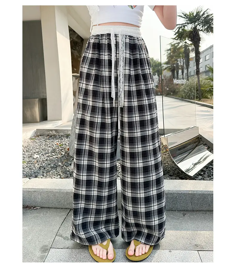 Girls Plaid Wide Leg Pants 2025 Summer Mid Large — feature 41