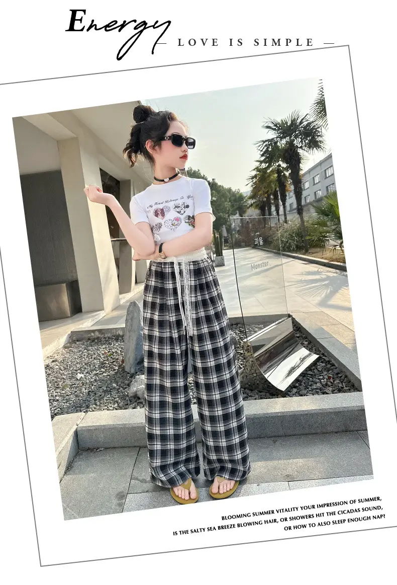 Girls Plaid Wide Leg Pants 2025 Summer Mid Large — feature 42