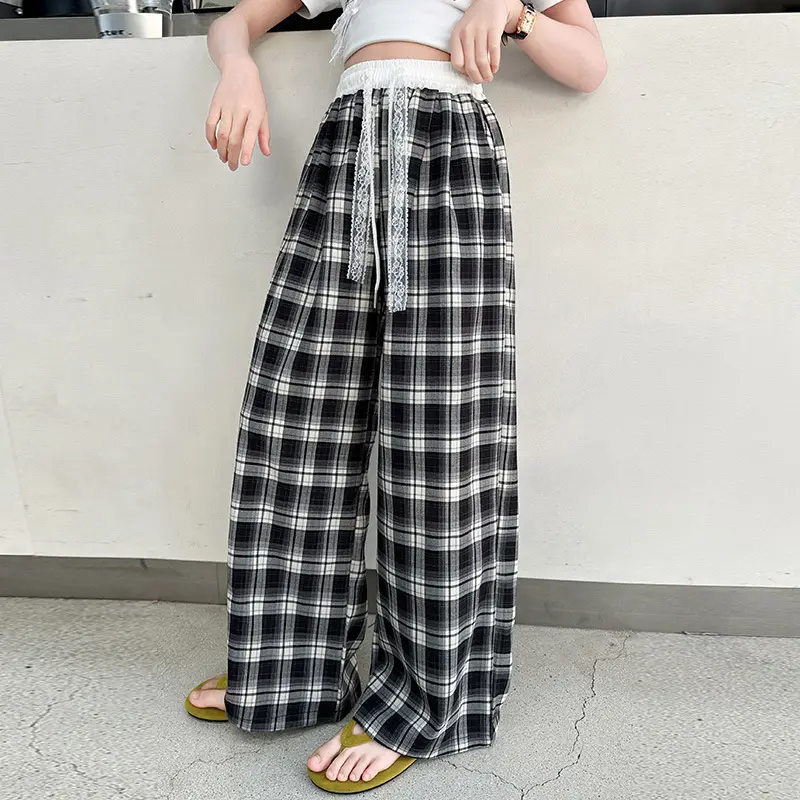 Girls Plaid Wide Leg Pants 2025 Summer Mid Large - Image 3