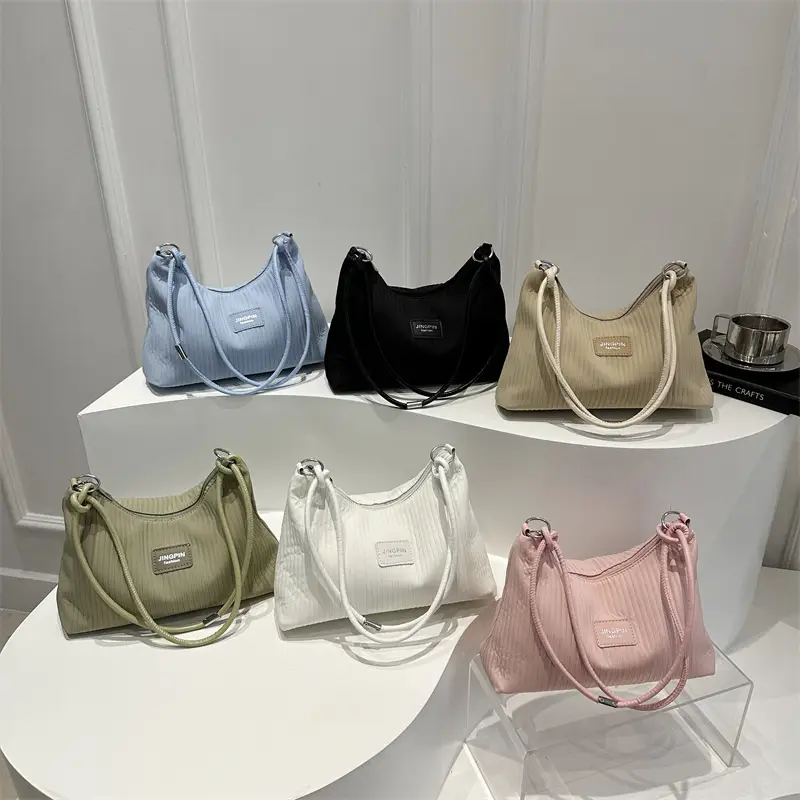 Women's Beige Ribbed Shoulder Bag Large Capacity 2025 - Image 7