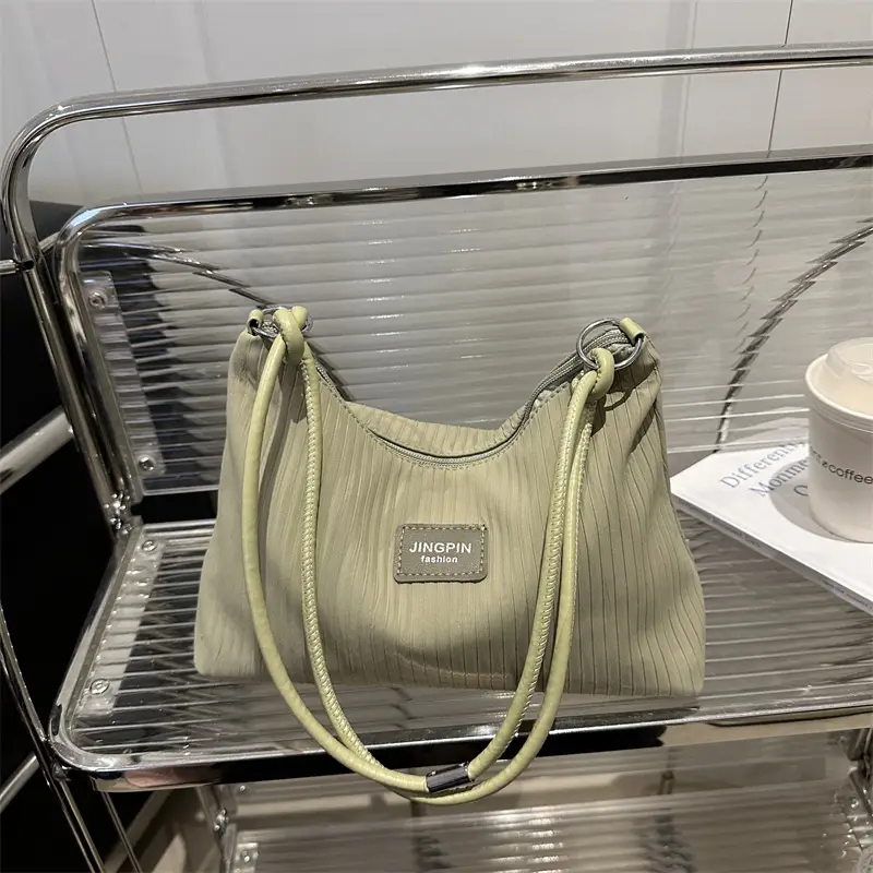 Women's Beige Ribbed Shoulder Bag Large Capacity 2025 - Image 9