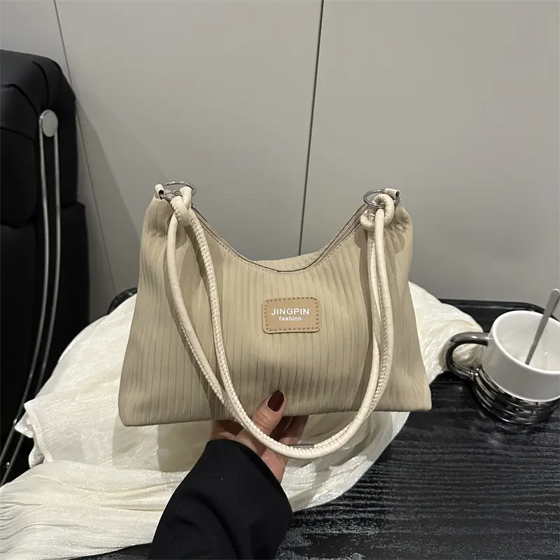 Women's Beige Ribbed Shoulder Bag Large Capacity 2025 - Image 10