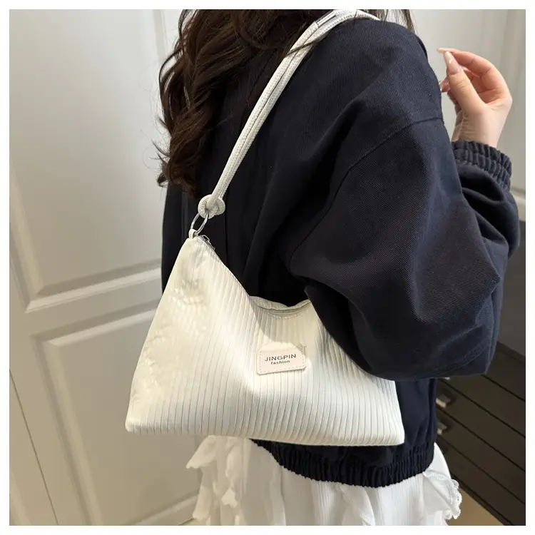 Women's Beige Ribbed Shoulder Bag Large Capacity 2025 — feature 11