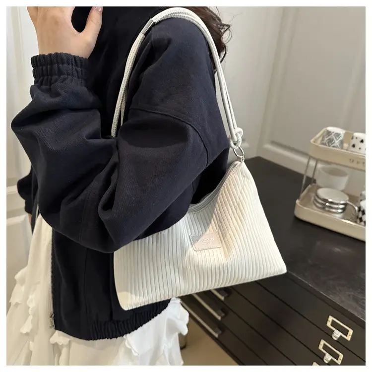 Women's Beige Ribbed Shoulder Bag Large Capacity 2025 — feature 12