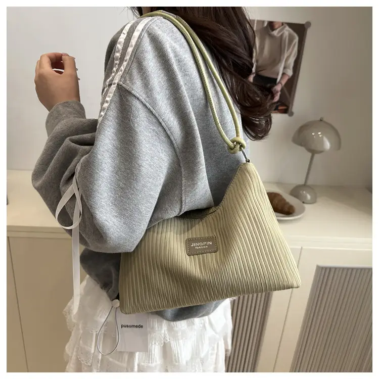 Women's Beige Ribbed Shoulder Bag Large Capacity 2025 — feature 16