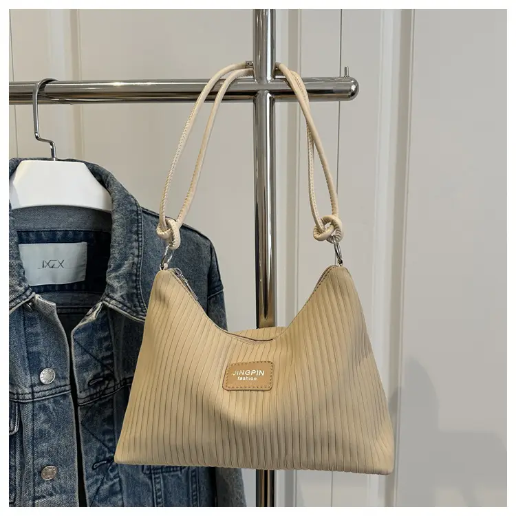 Women's Beige Ribbed Shoulder Bag Large Capacity 2025 — feature 21