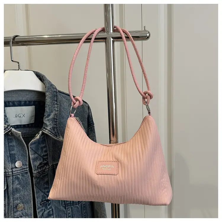 Women's Beige Ribbed Shoulder Bag Large Capacity 2025 — feature 24