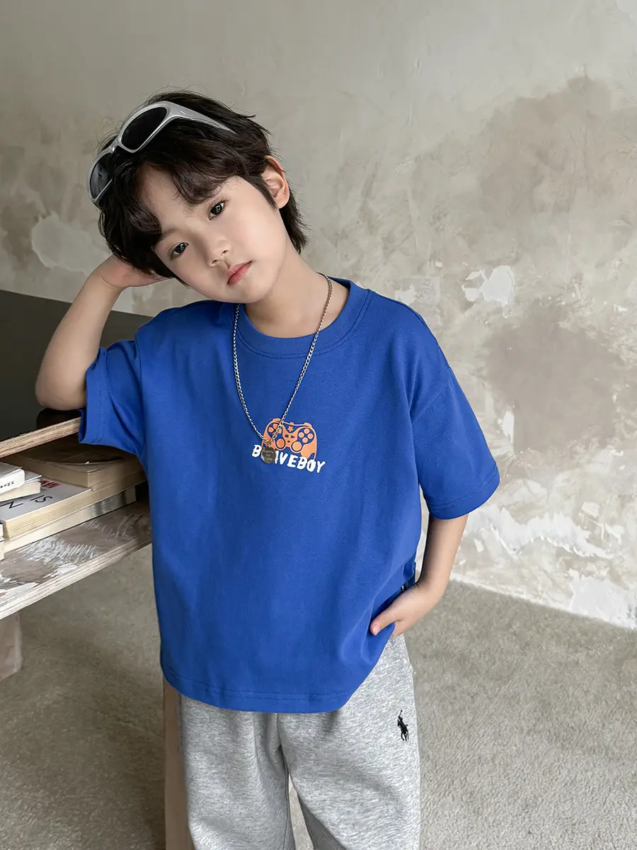 Boys Blue Cartoon Cotton T-Shirt Summer Korean Style - Image 4