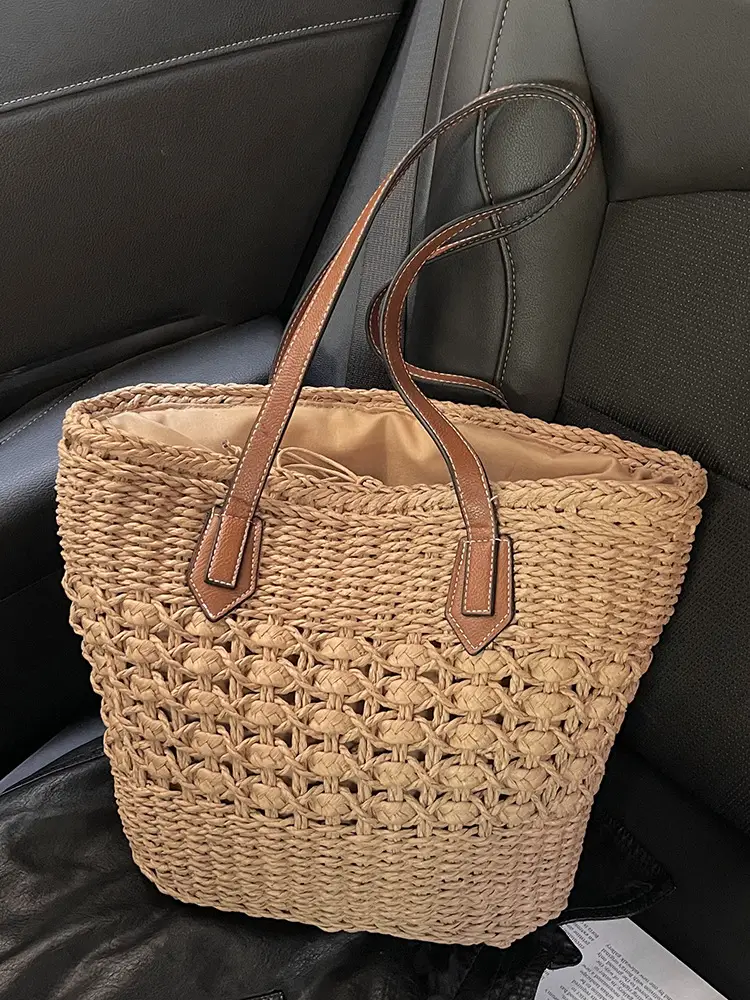 Mori Style Straw Shoulder Bag Large Capacity Leather Handle - Image 4