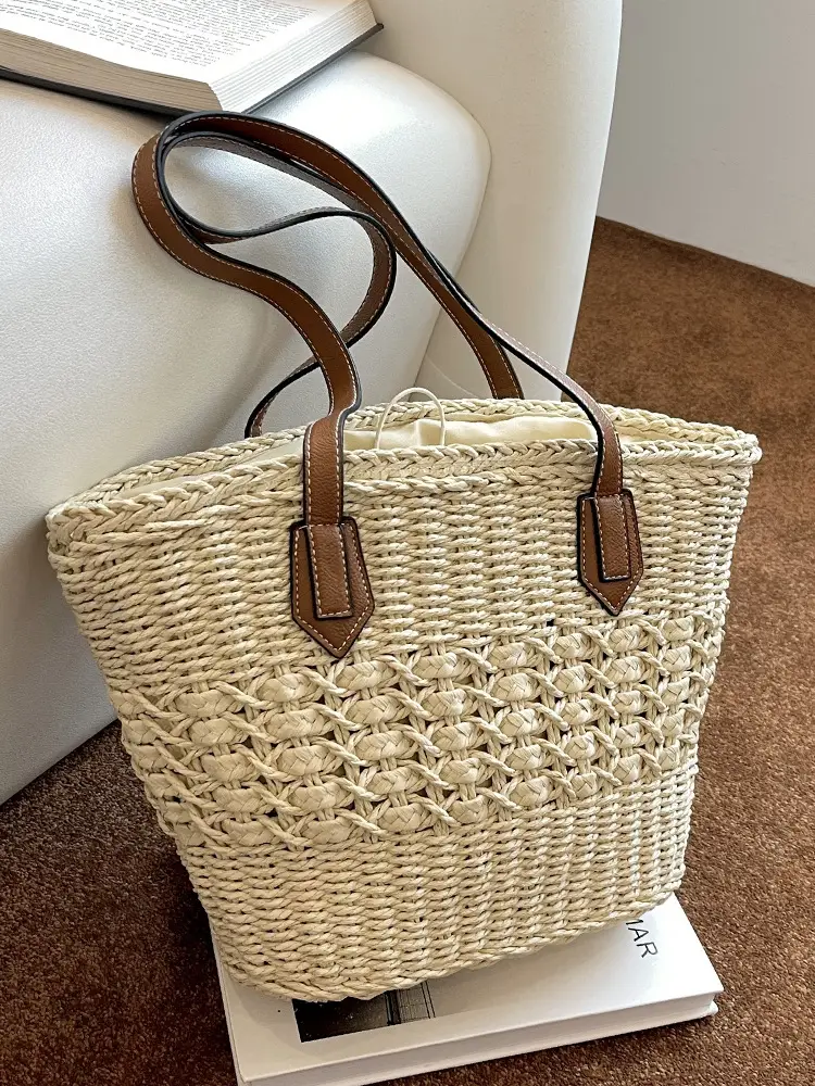 Mori Style Straw Shoulder Bag Large Capacity Leather Handle - Image 5