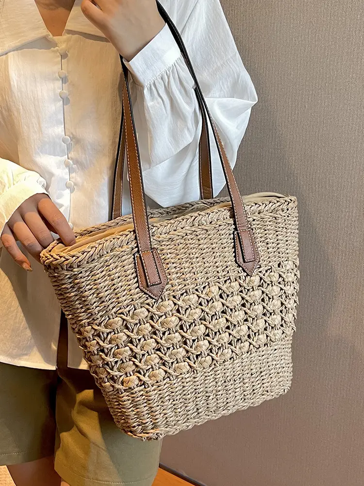Mori Style Straw Shoulder Bag Large Capacity Leather Handle - Image 6