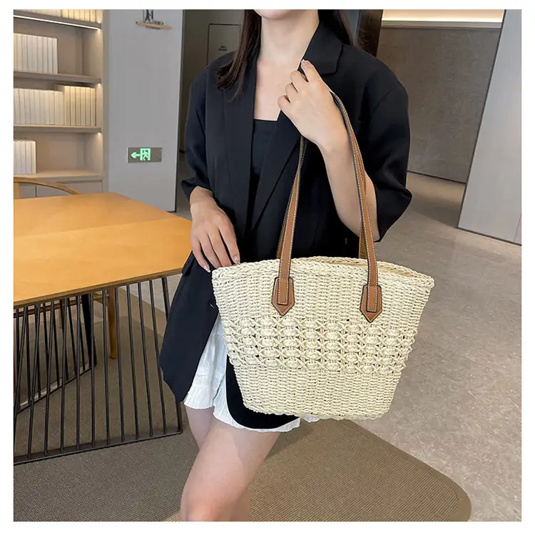 Mori Style Straw Shoulder Bag Large Capacity Leather Handle — feature 15