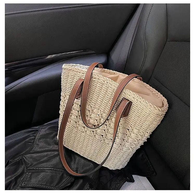 Mori Style Straw Shoulder Bag Large Capacity Leather Handle — feature 19