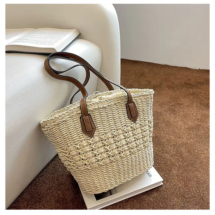 Mori Style Straw Shoulder Bag Large Capacity Leather Handle — feature 20