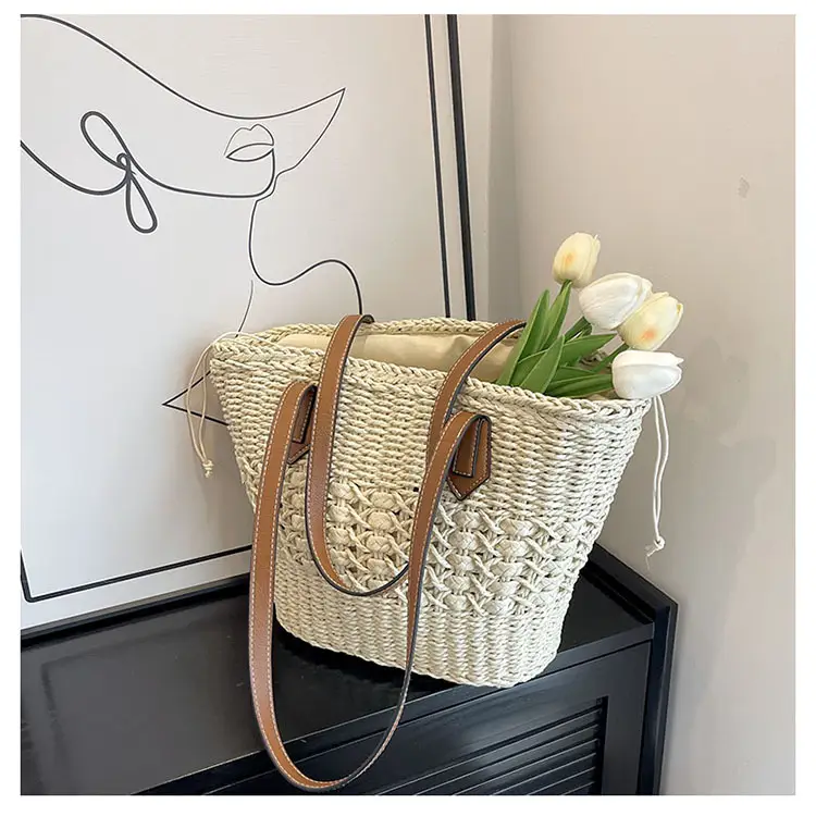 Mori Style Straw Shoulder Bag Large Capacity Leather Handle — feature 21