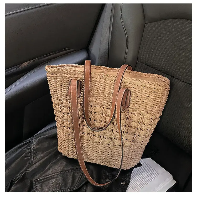 Mori Style Straw Shoulder Bag Large Capacity Leather Handle — feature 22