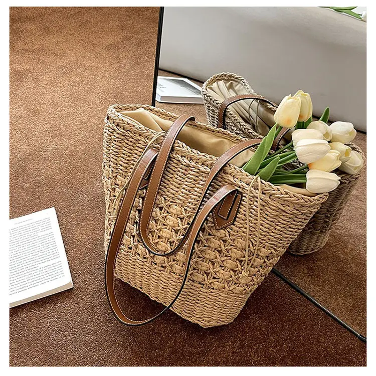 Mori Style Straw Shoulder Bag Large Capacity Leather Handle — feature 23