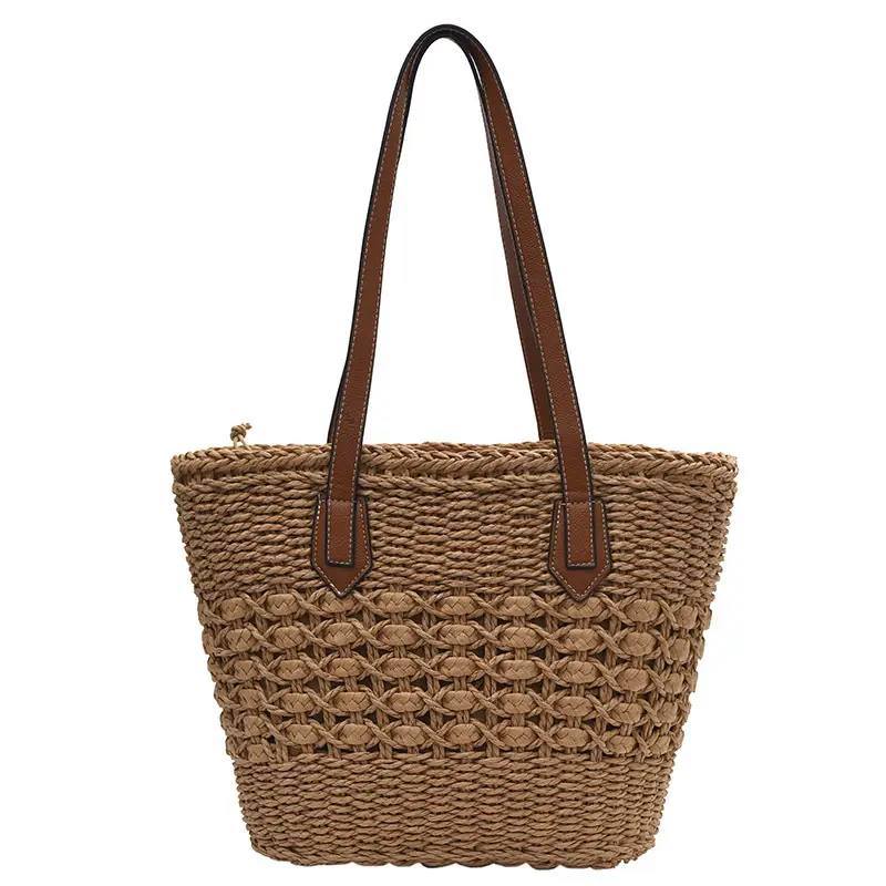 Mori Style Straw Shoulder Bag Large Capacity Leather Handle - Image 2