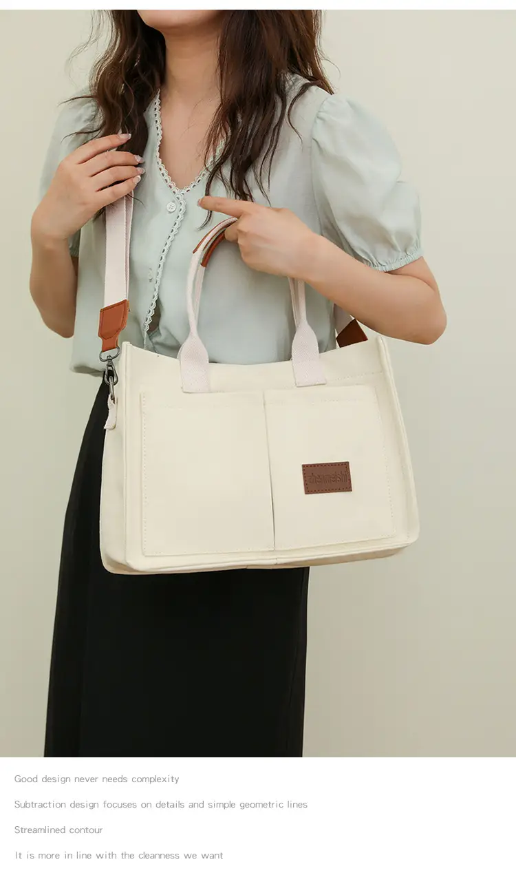 Women's Canvas Shoulder Tote Bag Large Capacity White — feature 28