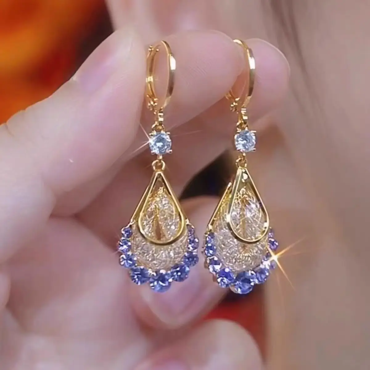 Gold Wire Mesh Crystal Water Drop Earrings for Women