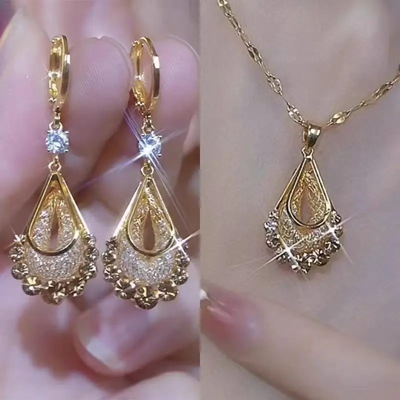 Gold Wire Mesh Crystal Water Drop Earrings for Women