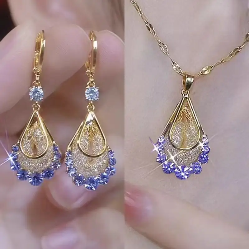 Gold Wire Mesh Crystal Water Drop Earrings for Women