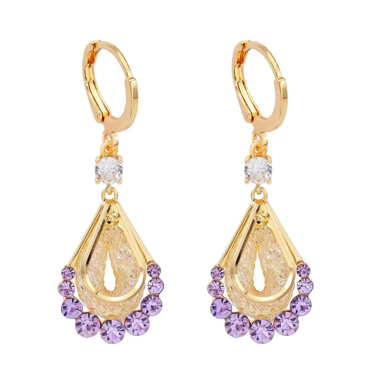 Gold Wire Mesh Crystal Water Drop Earrings for Women