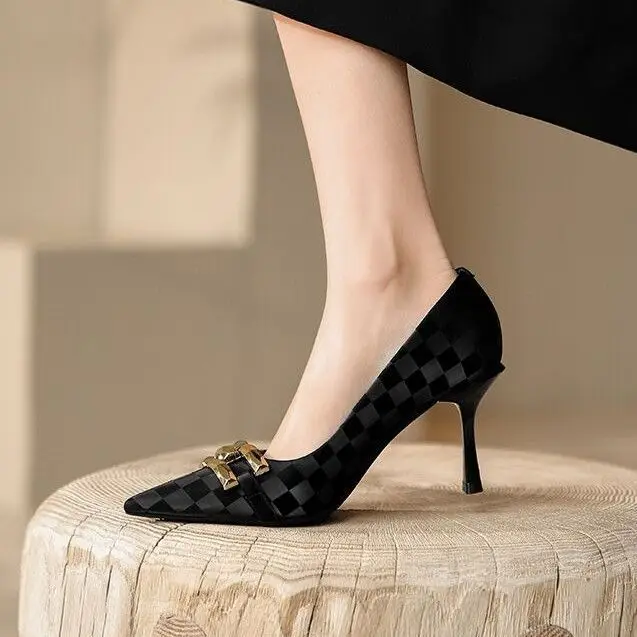French Style Pointed Toe Stiletto Heels Black Plaid - Image 5