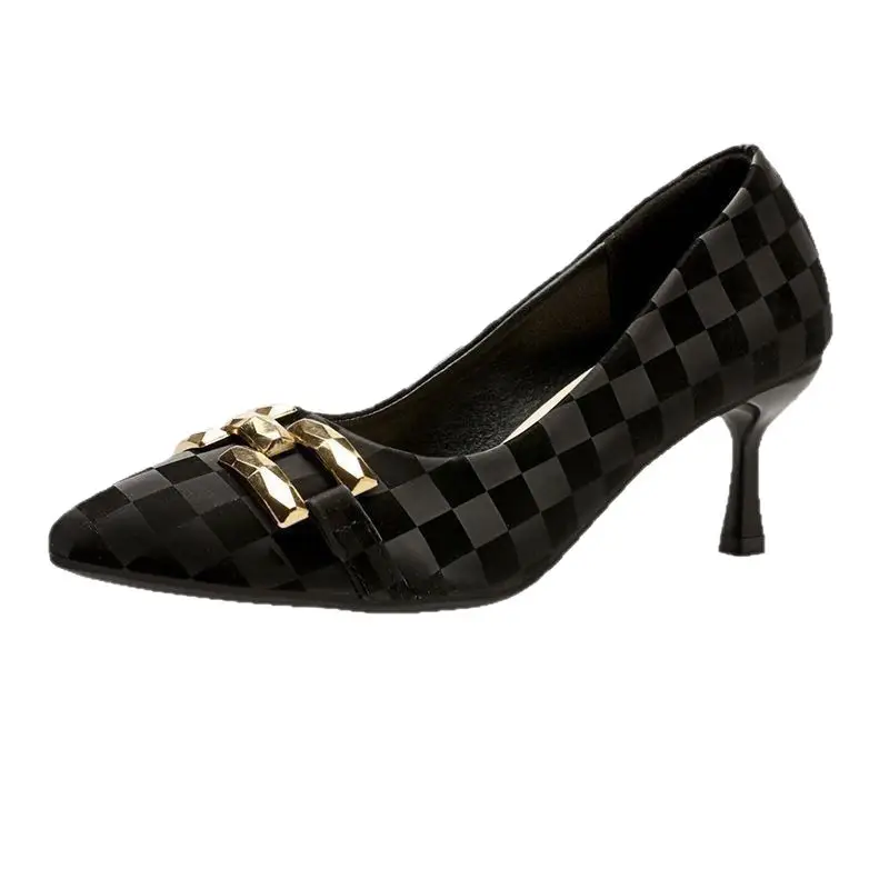 French Style Pointed Toe Stiletto Heels Black Plaid - Image 6