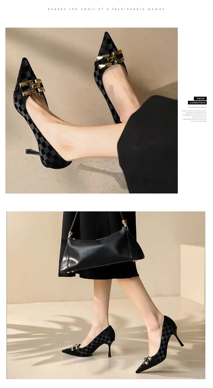 French Style Pointed Toe Stiletto Heels Black Plaid — feature 11