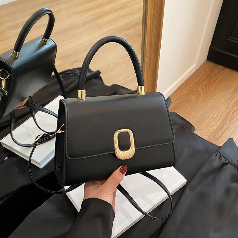 Black Korean Style Square Handbag with Gold Clasp - Image 6