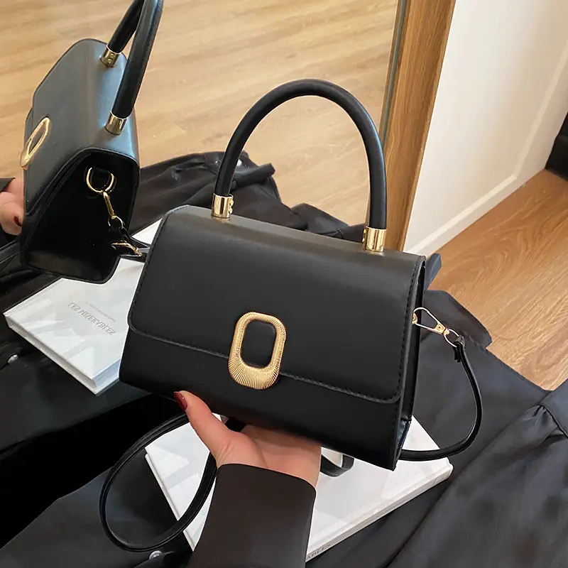Black Korean Style Square Handbag with Gold Clasp - Image 7