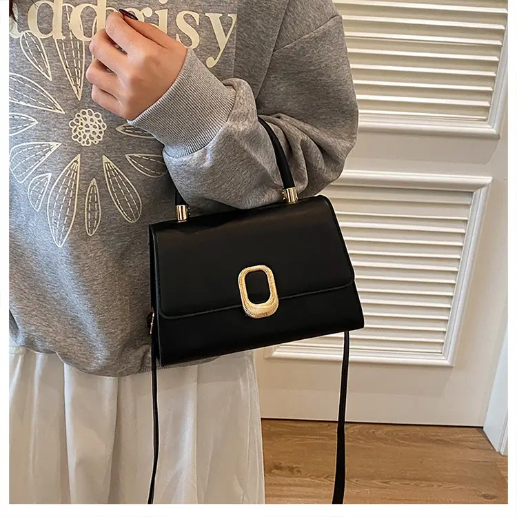 Black Korean Style Square Handbag with Gold Clasp — feature 47