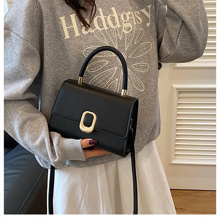 Black Korean Style Square Handbag with Gold Clasp — feature 48