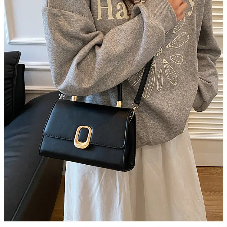 Black Korean Style Square Handbag with Gold Clasp — feature 49