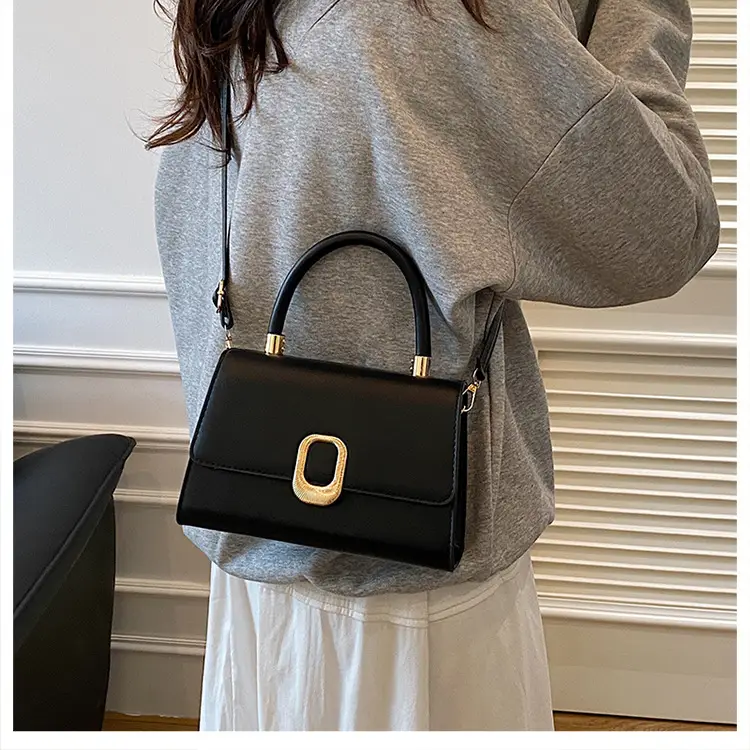 Black Korean Style Square Handbag with Gold Clasp — feature 50