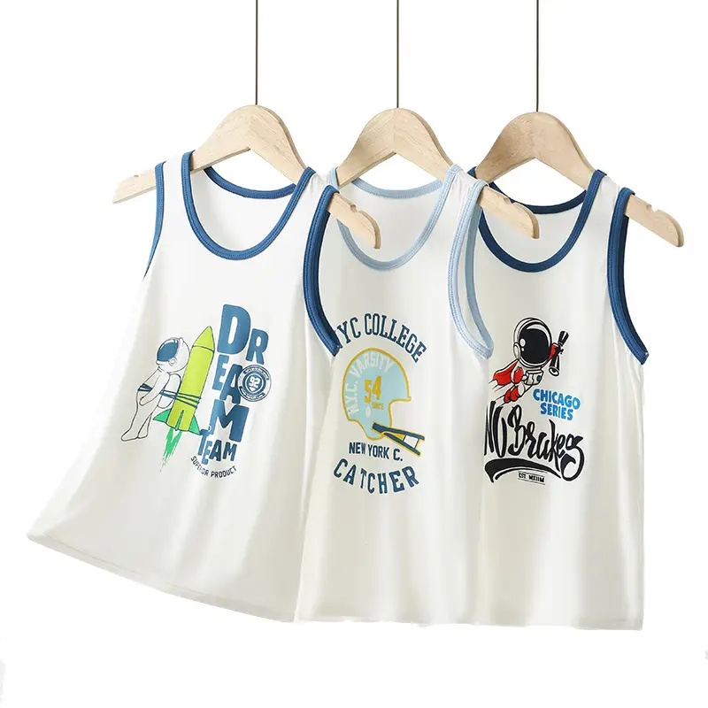 Modal Kids Vests Sleeveless Cartoon Pink White - Image 2