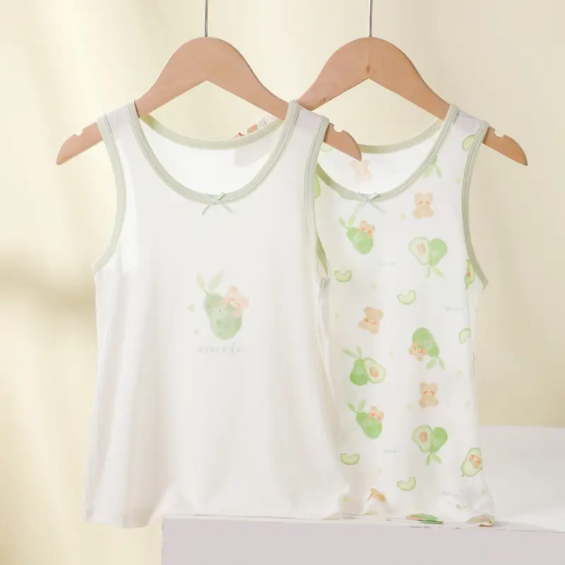 Modal Kids Vests Sleeveless Cartoon Pink White - Image 4