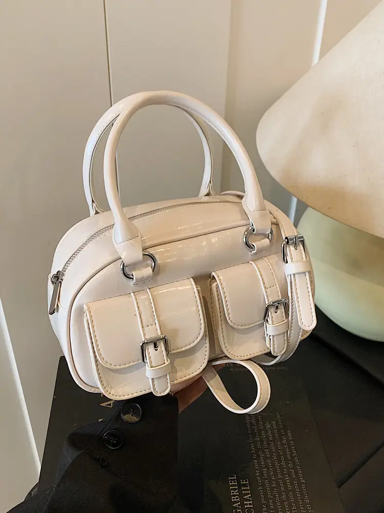 Women's Creamy Leather Bowling Bag with Crossbody Strap - Image 7