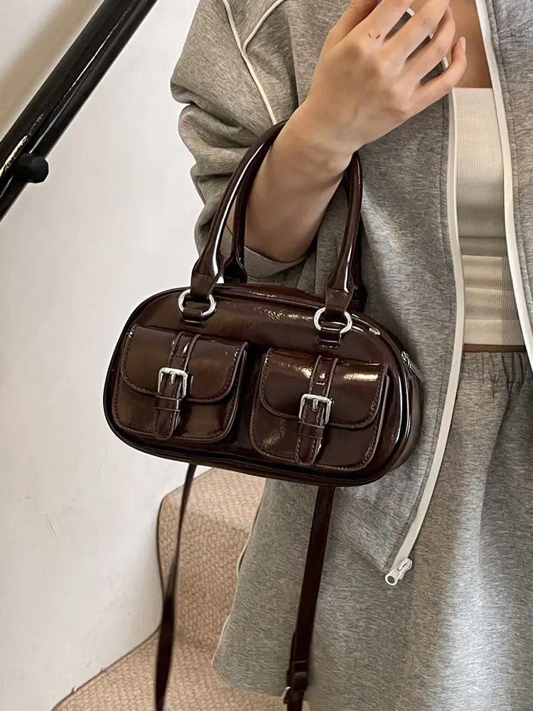 Women's Creamy Leather Bowling Bag with Crossbody Strap - Image 8