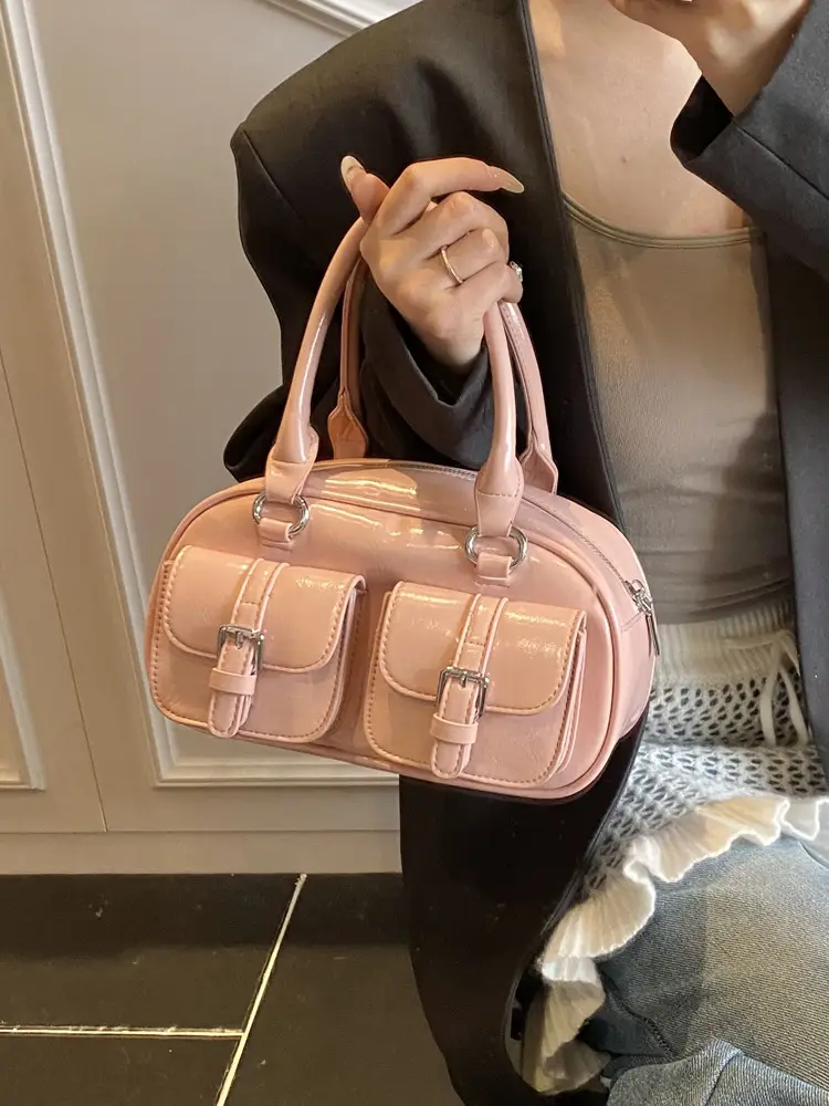 Women's Creamy Leather Bowling Bag with Crossbody Strap - Image 9