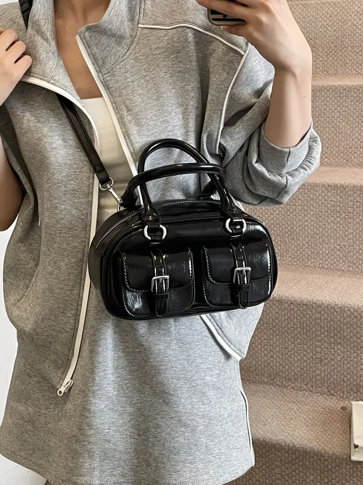 Women's Creamy Leather Bowling Bag with Crossbody Strap - Image 11